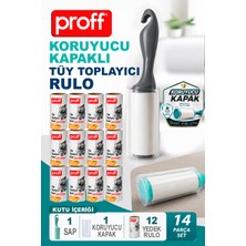 proff Hijyenik Kapaklı Tüy Toplayıcı Rulo Seti - 12 Yedekli 14 Parça - Kedi Köpek Tüy Alıcı