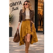 Qimya Butik Bebe Plus Kadın Asimetrik Kesim Ön Kısa Arka Uzun Kat Kat Volanlı Beli Lastikli Suni Süet Etek