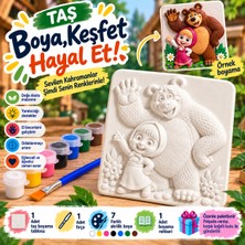 Arnur Ayıcık ve Kız Taş Boyama Seti | 7 Renk Akrilik Boya, Fırça ve Boyama Rehberi | Çocuk Hobi ve Aktivite Seti