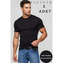Bigiyin 2 Adet Erkek Likralı Slim Fit Siyah Bisiklet Yaka Pamuklu Tişört Erkek Düz Renk Tişört