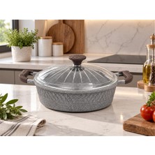 Oms Collection - Biogranit Ağır Döküm 28X8 cm - 4,30 Litre Basık Tencere ( 3632 - Gri )