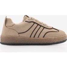 Marjin Kadın Retro Sneaker Süet Görünümlü Bağcıklı Günlük Spor Ayakkabı Veyran Bej Süet