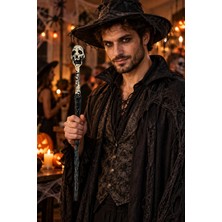 Dodomar Halloween Kuru Kafa Detaylı Cadı Asası 45 cm Cadılar Bayramı Parti Kostüm ve Gösteri Aksesuarı
