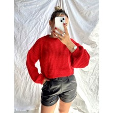 Gözde Tasarım Butik Kadın Kırmızı Renk Bisiklet Yakalı Crop Kısa Kazak