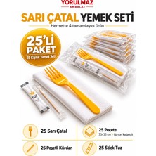 Yorulmaz Ambalaj Lüks Sarı Çatal Yemek Seti 25 Kişilik – Modern Sunum, 33×33 Garson Katlamalı Peçete, Poşetli Kürdan ve Stick Tuz