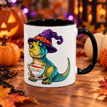 Tişört Kodu Cadı Şapkalı Tea-Rex Halloween Porselen Kupa – Siyah Kulplu, 11 Oz