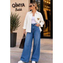 Qimya Butik Keyymod Kadın Çıt Çıtlı Tek Cepli Boncuk Arı Işlemeli Bol Kesim Gabardin Gömlek