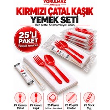 Yorulmaz Ambalaj Lüks Kırmızı Çatal Kaşık Yemek Seti 25 Kişilik – 33×33 cm Garson Katlamalı Peçete, Poşetli Kürdan ve Stick Tuz