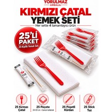 Yorulmaz Ambalaj Lüks Kırmızı Çatal Yemek Seti 25 Kişilik – 33×33 cm Garson Katlamalı Peçete, Poşetli Kürdan ve Stick Tuz