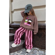 Monila Kız Çocuk Pamuklu Süzene Çocuk Nakışlı Kahverengi Sweatshirt ve Pembe Çizgili Eşofman Alt Üst Takım