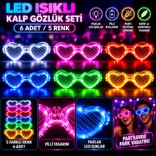 Mersi Shop 6 Adet LED Işıklı Kalp Gözlük Seti 5 Renk Pilli Glow Parti Festival Eğlence Gözlüğü