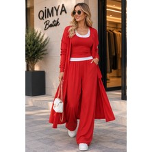 Qimya Butik Buketli Kadın Uzun Kapüşonlu Hırkalı Bol Pantolonlu Içi Çift Atletli 4'lü Ince Penye Alt Üst Takım