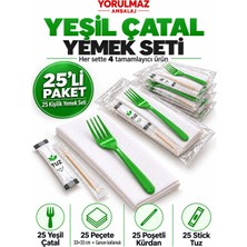 Yorulmaz Ambalaj Lüks Yeşil Çatal Yemek Seti 25 Kişilik – 33×33 cm Garson Katlamalı Peçete, Poşetli Kürdan ve Stick Tuz
