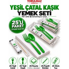 Yorulmaz Ambalaj Lüks Yeşil Çatal Kaşık Yemek Seti 25 Kişilik – 33×33 cm Garson Katlamalı Peçete, Poşetli Kürdan ve Stick Tuz