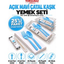 Yorulmaz Ambalaj Lüks Açık Mavi Çatal Kaşık Yemek Seti 25 Kişilik – 33×33 cm Garson Katlamalı Peçete, Poşetli Kürdan ve Stick Tuz