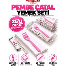 Yorulmaz Ambalaj Lüks Pembe Çatal Yemek Seti 25 Kişilik – 33×33 cm Garson Katlamalı Peçete, Poşetli Kürdan ve Stick Tuz