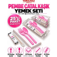 Yorulmaz Ambalaj Lüks Pembe Çatal Kaşık Yemek Seti 25 Kişilik – 33×33 cm Garson Katlamalı Peçete, Poşetli Kürdan ve Stick Tuz