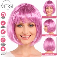 Mersi Shop Rose Pembe Kısa Küt Bob Kahküllü Sentetik Parti Peruğu Yetişkin Kostüm ve Eğlence Aksesuarı