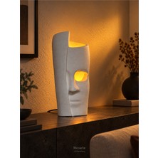 Mosarte Yarım Yüz Form Dekoratif Masa Lambası Heykelsi Amber LED  – El Yapımı, 30 cm - Beyaz Renk