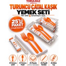 Yorulmaz Ambalaj Lüks Turuncu Çatal Kaşık Yemek Seti 25 Kişilik – 33×33 cm Garson Katlamalı Peçete, Poşetli Kürdan ve Stick Tuz