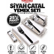 Yorulmaz Ambalaj 25 Kişilik Lüks Siyah Çatallı Yemek Seti – 33X33 Garson Katlama Peçete, Poşetli Kürdan ve Stick Tuz – Tek Kullanımlık Servis Seti