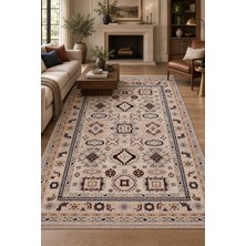 Ally Carpet Kamza Pusat Anadolu Motifli Bej Robot Süpürge Uyumlu Kaymaz Taban Oturma Odası Salon Halısı