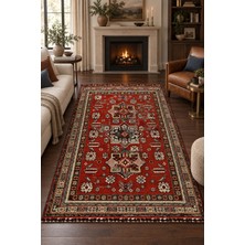 Ally Carpet Gahane Efnan Kırmızı Nostaljik Kilim Oturma Odası Salon Robot Süpürge Uyumlu Saçaklı Kolay Temizlene