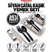 Yorulmaz Ambalaj Lüks Siyah Çatal Kaşık Yemek Seti 25 Kişilik – 33×33 cm Garson Katlamalı Peçete, Poşetli Kürdan ve Stick Tuz