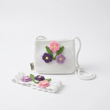 Rug Muse El Örgüsü Kız Çocuk Omuz Çantası ve Saç Bandı Seti - Winter Blossom - Beyaz