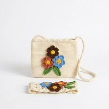 Rug Muse El Örgüsü Kız Çocuk Omuz Çantası ve Saç Bandı Seti - Cozy Petals - Toprak Tonlu - Krem