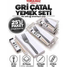 Yorulmaz Ambalaj Lüks Gri Çatal Yemek Seti 25 Kişilik – 33×33 cm Garson Katlamalı Peçete, Poşetli Kürdan ve Stick Tuz