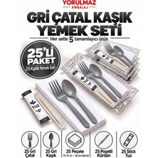 Yorulmaz Ambalaj Lüks Gri Çatal Kaşık Yemek Seti 25 Kişilik – 33×33 cm Garson Katlamalı Peçete, Poşetli Kürdan ve Stick Tuz
