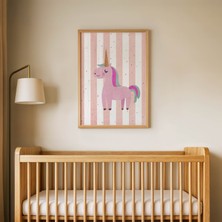 Domirus Çizgili Pembe Unicorn Çocuk Odası Posteri Ahşap Çerçeveli Tablo Duvar Dekorasyonu
