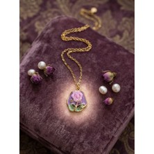 Valanti Art Pembe Gül Motifli Mor Mineli Asimetrik Çerçeve Kolye