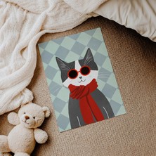 Domirus Kırmızı Atkılı Kedi Çocuk Odası Posteri Çerçevesiz Poster Duvar Dekorasyonu
