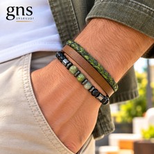 Gns Aksesuar Taba&yeşil Renk %100 Deri&doğaltaş 3 Lü Kombin Erkek Bileklik Set 20 cm (Türk El Üretimi)