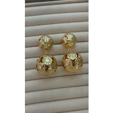 Vintage Model Çelik Küpe - Gold Çift Küre Sallantılı Küpe