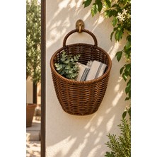 Naturel Dekor Rattan Görünümlü Koyu Kahve Duvar Sepeti, Duvar Dekoru 16X21 Cm, Bohem, Organizer, Düzenleyici, Saksı, Iskandinav, Modern