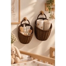 Naturel Dekor Rattan Görünümlü 2\'li Koyu Kahve Duvar Sepeti, Duvar Dekoru , Bohem, Organizer, Düzenleyici, Saksı, Iskandinav, Modern
