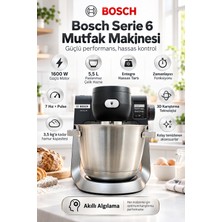 Bosch Serie 6 Mutfak Makinesi 1600 W, 5.5 L Paslanmaz Çelik Hazne, Entegre 1 G Hassas Tartı, Zamanlayıcı, 7 Hız + Pulse, 3D Karıştırma Teknolojisi, Akıllı Algılama, 3.5 kg Kapasite, Siyah
