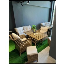Sercan Garden Rattan Alüminyum Çay Seti 2+1+1 Oturum+ Masa 2 Adet Puff Veros Çay Seti