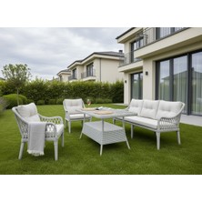 Sercan Garden Kaş Alüminyum 3+1+1+MASA(80*140) Rattan Bahçe Balkon Mutfak Takımı,krem Kumaş/beyaz Rattan