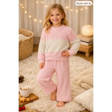 Kız Çocuk Pembe Renk Bloklu Yumuşak Peluş Triko Takım Ev Giyimi ve Pijama Seti