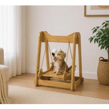 Happy Trend Kedi Salıncağı & Oyun Platformu – Ponponlu, Doğal Ahşap Oyuncak
