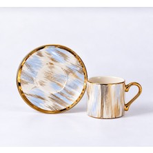 Decoform 6 Kişilik 12 Parça Gold Yaldızlı Mavi Çizgili Porselen Türk Kahvesi Fincan Takımı