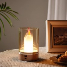 Happy Trend Şarjlı Mum Alevi Efektli Masa Lambası Dimmerli Dekoratif Cata Abajur Dokunmatik Sunum Lambası 3 Farklı Renk Işık Modu Cam Akrilik
