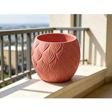 Alvera Yapraklı Desenli Yuvarlak Saksı Tepsili Süzdürmeli Bitki Saksısı 15 cm Dekoratif Çiçek - Kırmızı