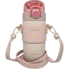 Prime 360ML Moda Deri Kılıflı Pipetli Askılı Pastel Renkli Paslanmaz Çelik Termos Matara (Pembe)