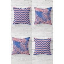 Prime Pelangi Zigzag ve Yaprak Desenli Gizli Fermuarlı Kırlent Kılıfı Koltuk Yastık Kılıfı TAKIM(4ADET), Pembe-Mavi 45 x 45