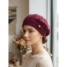 Daisy Tasarım Daisy Kadın Bordo / Gri / Krem Inci ve Fiyonk Detaylı Yumuşak Dokulu Peluş Bere - Fransız Stili Kışlık Şapka